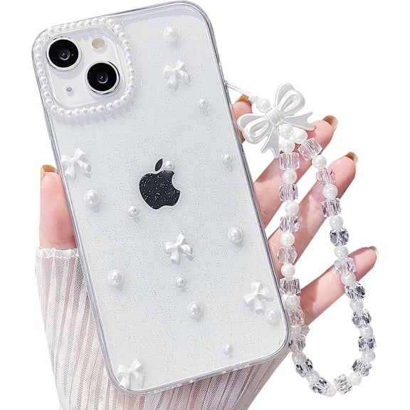 GUAJDE-for iPhone 15 Clear Glitter Case, Cute Girly Bow Pearl Aesthetic Transparent Phone Case with Phone Charms Chain Bracelet,Soft Protective Cover for iPhone 15-White
