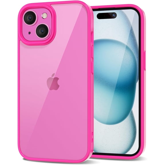 GUAJDE-for iPhone 15 Plus Case Clear, Transparent Hybrid 15 Plus Phone Case [Hard Plastic & Soft Silicone Bumper] Acrylic Non Yellowing Thin Slim Protective Cover for Women, Neon Hot Pink