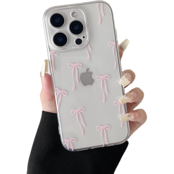 GUAJDE-for iPhone 16 Pro Case Clear,Cute Love Heart Ribbon Bow Tie Aesthetic Phone Case,Transparent Trendy Slim Soft Shockproof Protective Phone Cover for Women Girls,Pastel Pink
