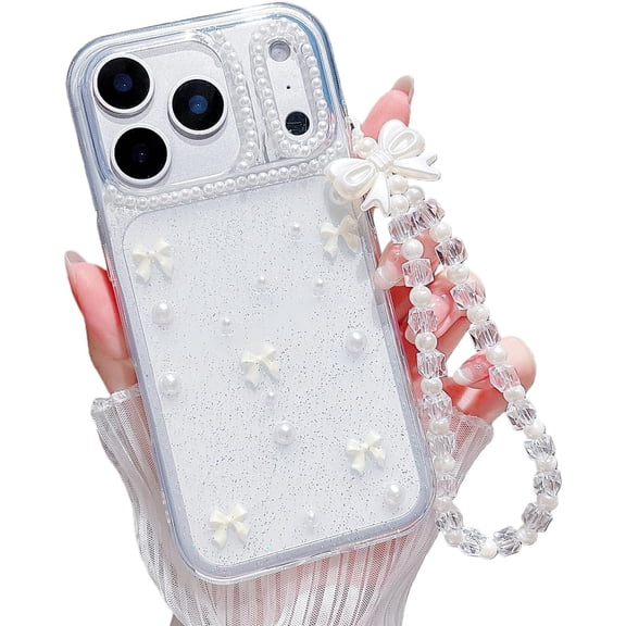 GUAJDE-for iPhone 17 Pro Clear Glitter Case,Cute Bow Pearl Aesthetic Girly Transparent Phone Case with Phone Charms Chain Bracelet,Soft Protective Cover for iPhone 17 Pro-Yellow