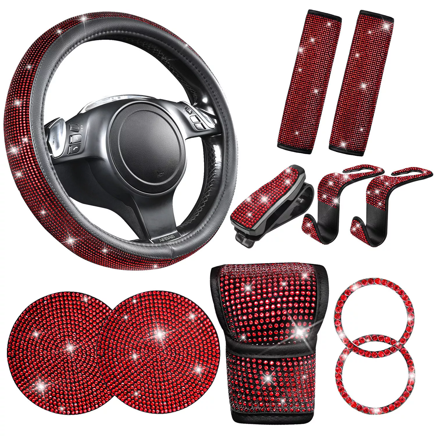 GUANGHUI 11 PCS Bling Car Accessories, Sparkly Rhinestone Diamond Steering Wheel Cover, Bling Seat Belt Cushion, Glitter Shift Knob Cover, Car Cup Holder Coaster, Cute Interior Sets Red