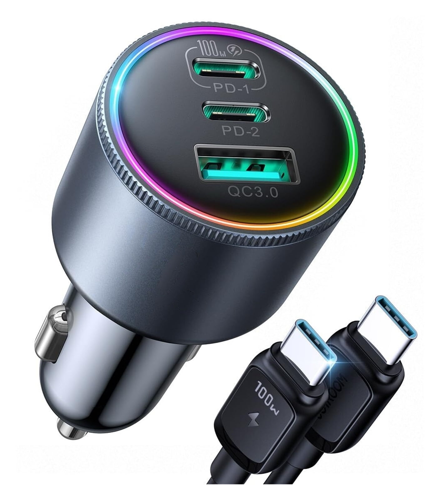 GUANGHUI 120W Super Fast Car Charger USB C, 3-Port PD100W+PD35W Car Charger for iPhone 16 with USBC Cable, Type C Fast Charging Adapter for iPhone 16e/15 Pro Max, Samsung Galaxy S25 S24, iPad, Laptop