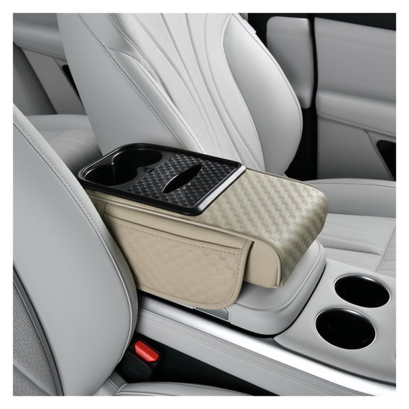GUANGHUI 5 in 1 Car Center Console armrest Cushion, Memory Foam armrest Cover with Cup Holder & Tissue Box & Two Side Pockets, Waterproof Leather arm Rest Protector Cushion, car Accessories