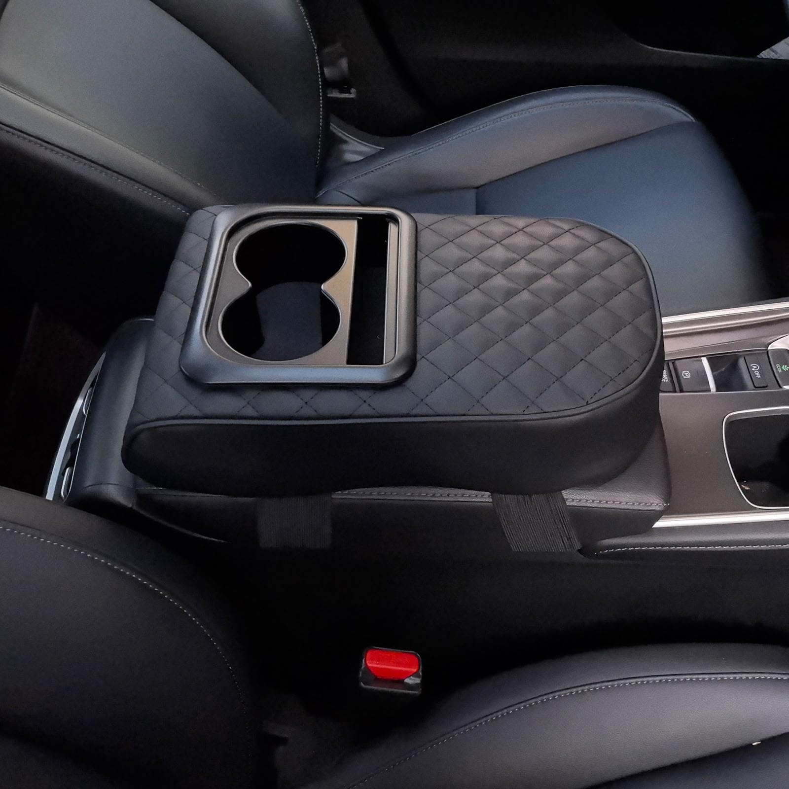 GUANGHUI Auto Center Console Armrest Pillow, Leather Car Armrest Cushion with Cup Holder, Phone Holder, Universal Car Armrest Box Cover Protector Car Interior Accessories for Most Vehicles (BLACK)