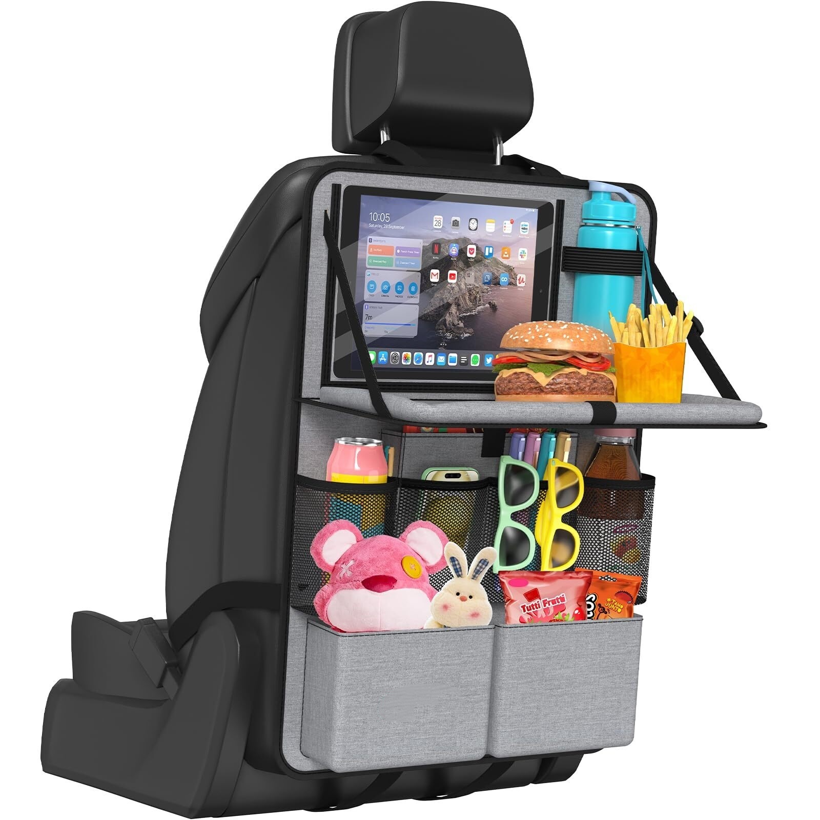 GUANGHUI Car Backseat Organizer with Tablet Holder,11 Storage Pockets with Foldable Food Tray, Protector Kick Mats for Kids, Travel Accessories Organizer (Gray, 1Pack)