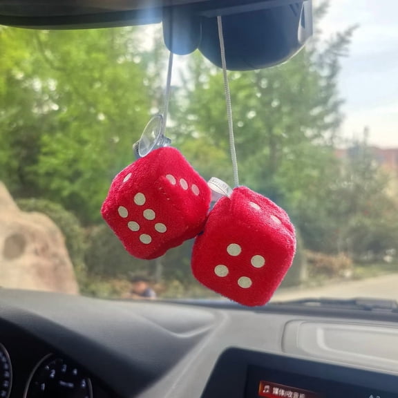 GUANGHUI Car Decorative Hanging Mirror Fuzzy Dice Pair Accessories, Red 4CM