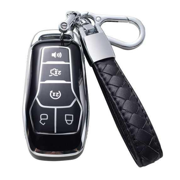 GUANGHUI Compatible with Ford Key Fob Cover with Leather Lanyard, Car Key Case Shell Protection for Ford Explorer Fusion Escape F150 F250 F350 F450 F550 Edge 5 Buttons, Black