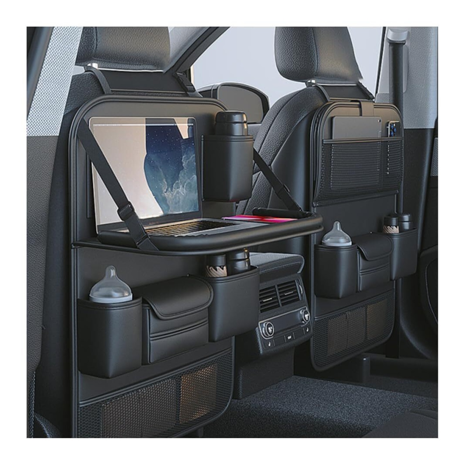 GUANGHUI Leather Car Backseat Organizer with Foldable Table Tray, Car Seat Back Protectors Kick Mats, Foldable Car Seat Organizer with Tablet Holder