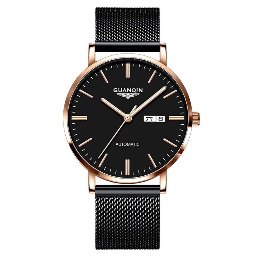 GUANQIN Automatic Mechanical Self Winding Watches for Men Day Date Luminous Steel Leather Wrist Watch