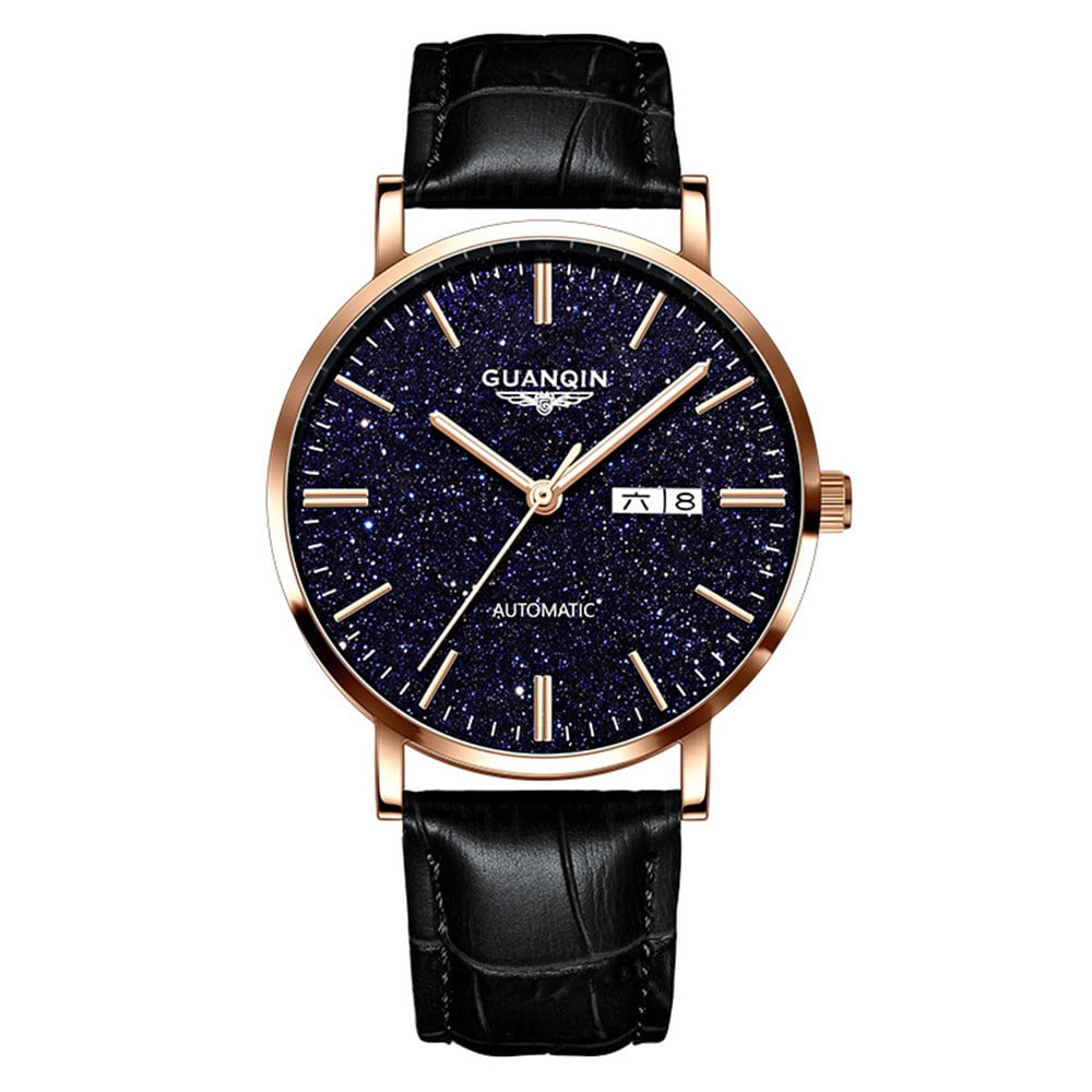 GUANQIN Automatic Mechanical Self Winding Watches for Men Day Date Luminous Steel Leather Wrist Watch