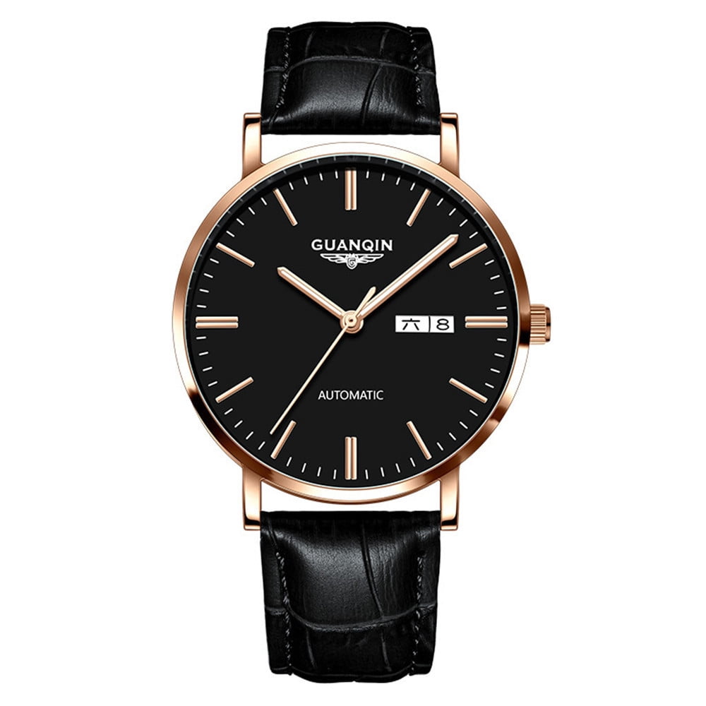 GUANQIN Automatic Mechanical Self Winding Watches for Men Day Date Luminous Steel Leather Wrist Watch