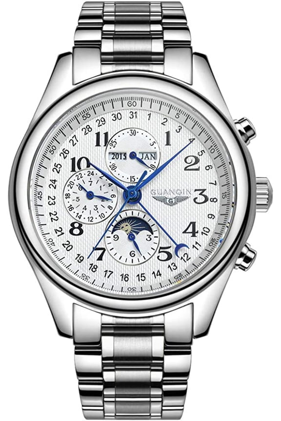 Automatic Self-Winding Watch Men Stainless Steel Leather Waterproof Business Mechanical Sapphire Wristwatch Day Date Multifunction