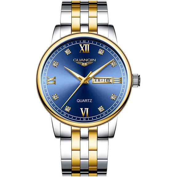 GUANQIN Brand Men Analog Waterproof Vintage Clock Quartz Stainless Steel Calendar Week Luminous Wrist Watch Sapphire Crystal Rhinestone