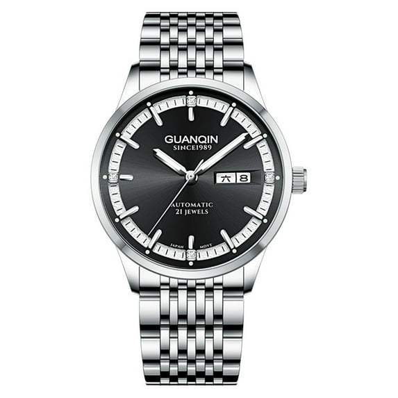 GUANQIN Brand Rhinestone Vintage Stainless Steel Wrist Watch Men Sapphire Crystal Automatic Self-Winding Mechanical Business Wristwatch Man Waterproof Calendar Week Luminous Stylish Clock