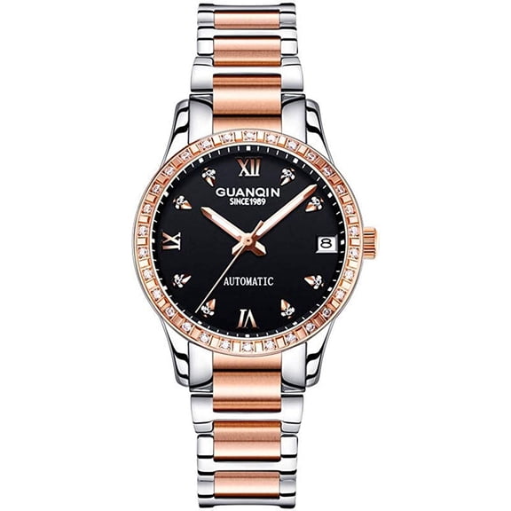 GUANQIN Fashion Women Rhinestone Automatic Self Winding Luminous Date Wrist Watch with Stainless Steel Band