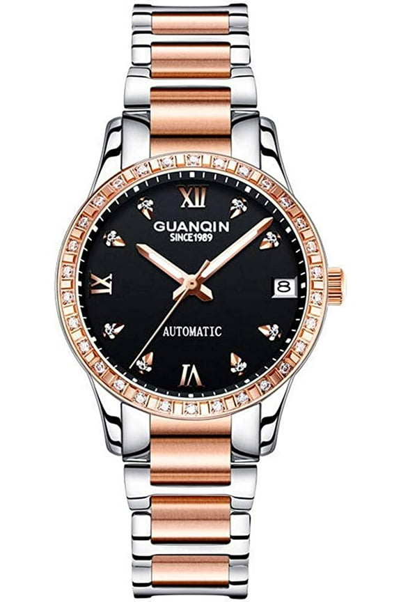 Fashion Women Rhinestone Automatic Self Winding Luminous Date Wrist Watch with Stainless Steel Band