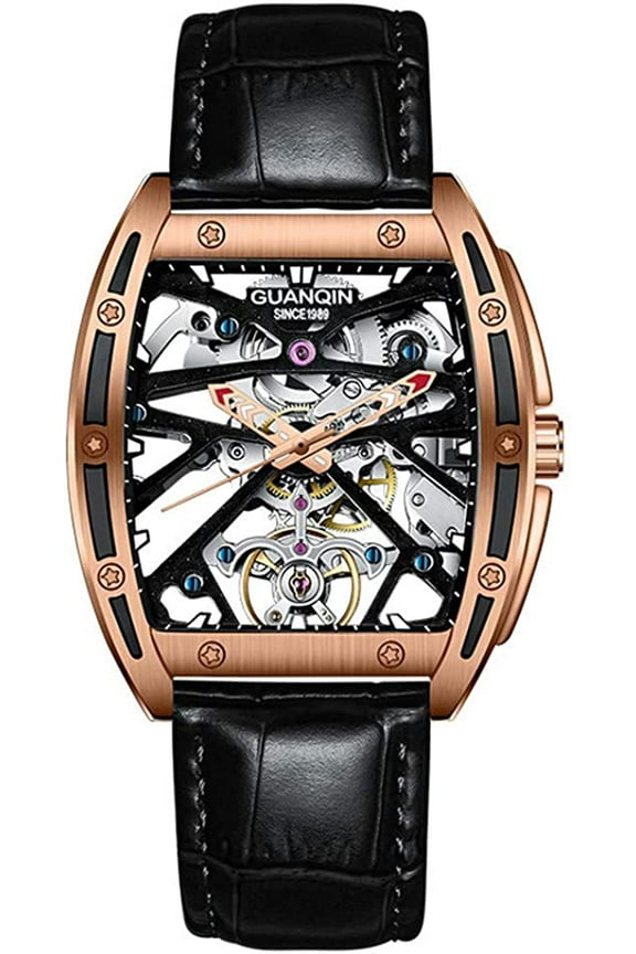 Mechanical Stainless Steel Leather Rubber Band Skeleton Waterproof Luminous Automatic Self-Winding Wrist Watch Vintage Men Clock Synthetic Sapphire Crystal Glass Mirror