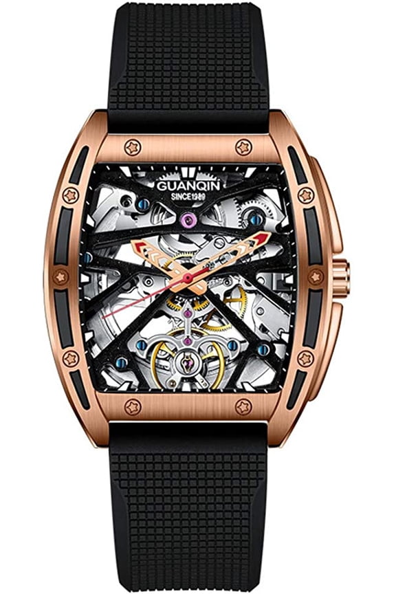 Mechanical Stainless Steel Leather Rubber Band Skeleton Waterproof Luminous Automatic Self-Winding Wrist Watch Vintage Men Clock Synthetic Sapphire Crystal Glass Mirror