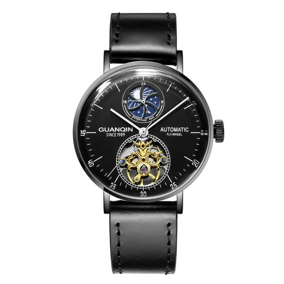 GUANQIN Men Analog Automatic Self Winding Mechanical Skeleton Stainless Steel Leather Vintage Wrist Watch Moon Phase Chronograph Sapphire Mirror Clock Man Great Gift Choice for Holidays Birthday