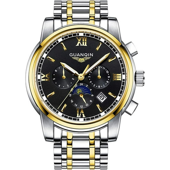GUANQIN Men Analog Automatic Self-Winding Mechanical Stainless Steel Business Wrist Watch Date Luminous Moon Phase