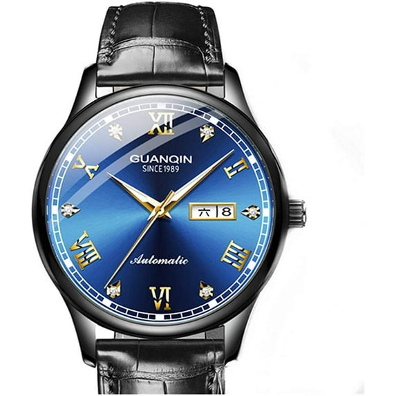 GUANQIN Men Analog Fashion Rhinestone Automatic Self-Winding Mechanical Stainless Steel/Leather Band Business Wrist Watch Luminous