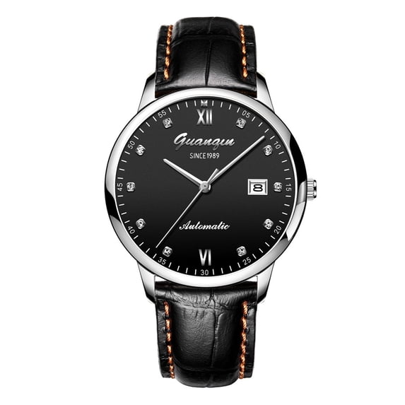 GUANQIN Men Analog Fashion Rhinestone Japan Miyoda 8205 Movement Automatic Self-Winding Mechanical Leather Band Wrist Watch Date Waterproof