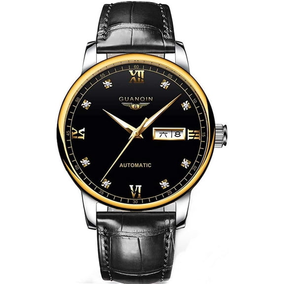 GUANQIN Men Analog Rhinestone Dial Automatic Self-Winding Mechanical Stainless Steel/Leather Band Wrist Watch Luminous Date
