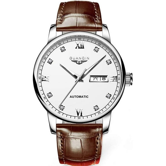 GUANQIN Men Analog Rhinestone Dial Automatic Self-Winding Mechanical Stainless Steel/Leather Band Wrist Watch Luminous Date