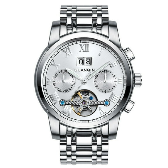 GUANQIN Men Analog Sport Popular Brand Skeleton Automatic Self-Winding Mechanical Stainless Steel Leather Business Wrist Watch Date Week Luminous Waterproof Sapphire Mirror