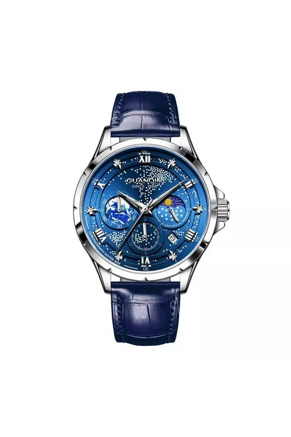 Men Analog Stainless Steel Leather Band Wristwatch Dress Waterproof Calendar Moon Phase Starry Sky Multifunctional Dial Quartz Wrist Watch Luminous Casual Fashion Clock