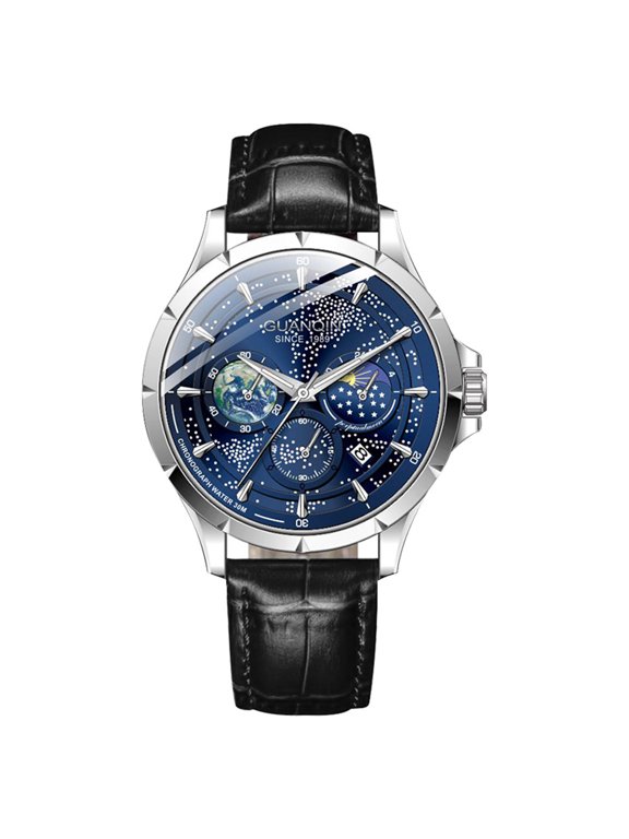 Men Analog Stainless Steel Leather Band Wristwatch Dress Waterproof Calendar Moon Phase Starry Sky Multifunctional Dial Quartz Wrist Watch Luminous Casual Fashion Clock
