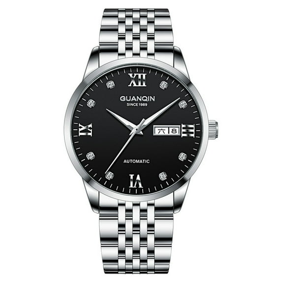 GUANQIN Men Automatic Mechanical Stainless Steel Business Rhinestones Dial Wrist Watch Sapphire Crystal Waterproof Self-Winding Clock Day Date Luminous