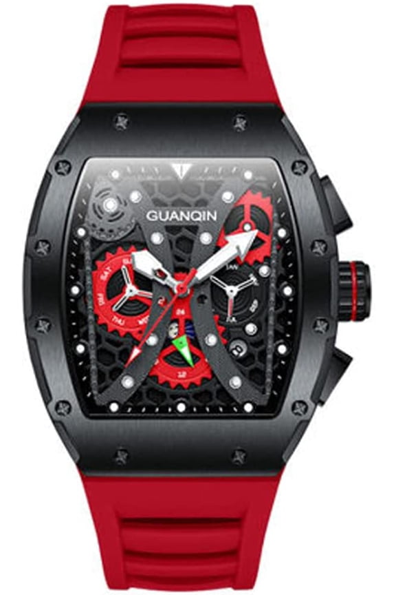 Men Automatic Wrist Watch Skeleton Tourbillon Tonneau Waterproof Silicone Band Business Luminous Sapphire Crystal Multifunction Clock Day Date Month
