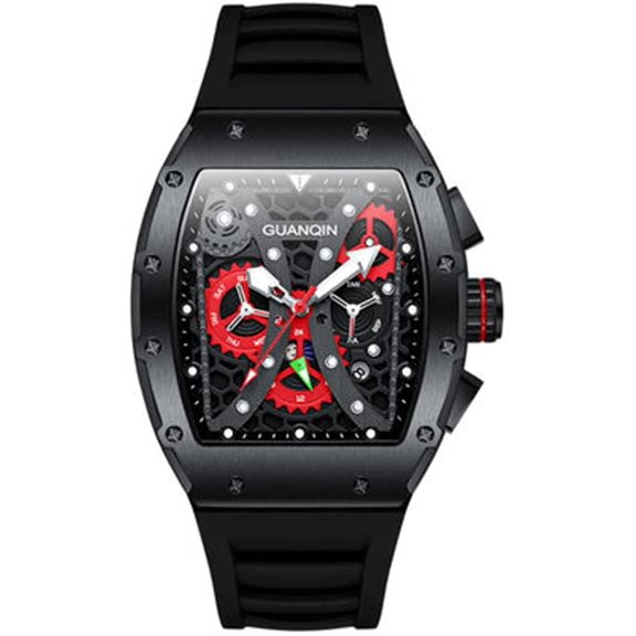 GUANQIN Men Automatic Wrist Watch Skeleton Tourbillon Tonneau Waterproof Silicone Band Business Luminous Sapphire Crystal Multifunction Clock Day Date Month