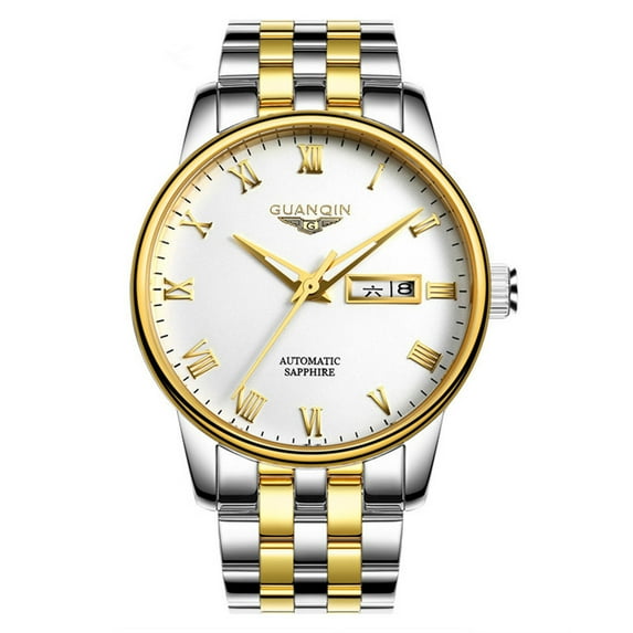 GUANQIN Men Business Analog Automatic Self-Winding Mechanical Stainless Steel Leather Business Wrist Watch Day Date Luminous Waterproof Sapphire Mirror Clock Man