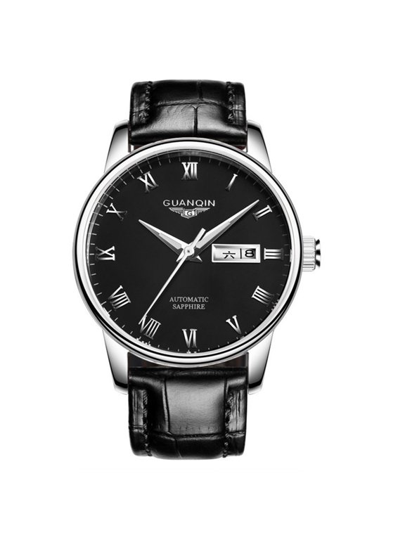Men Business Analog Automatic Self-Winding Mechanical Stainless Steel Leather Business Wrist Watch Day Date Luminous Waterproof Sapphire Mirror Clock Man