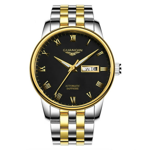 GUANQIN Men Business Analog Automatic Self-Winding Mechanical Stainless Steel Leather Business Wrist Watch Day Date Luminous Waterproof Sapphire Mirror Clock Man