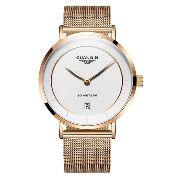 GUANQIN Men Business Stainless Steel Leather Band Analog Quartz Wrist Watch Date Luminous Sapphire Mirror Vintage Clock Waterproof