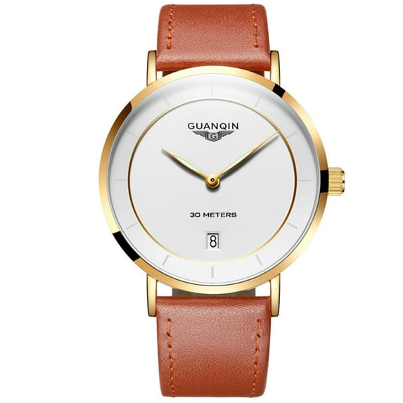 GUANQIN Men Business Stainless Steel Leather Band Analog Quartz Wrist Watch Date Luminous Sapphire Mirror Vintage Clock Waterproof