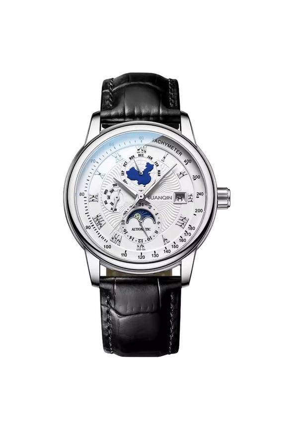 Men Calendar Moon Phase Multifunctional Vintage Wristwatch Analog Automatic Mechanical Self-Wind Stylish Wrist Watch Steel or Leather Band Sapphire Waterproof Luminous Business Clock