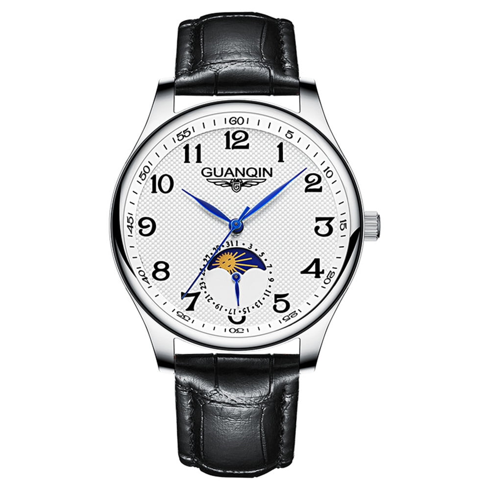 GUANQIN Men Analog Automatic Self Winding Mechanical Skeleton Stainless Steel Leather Vintage Wrist Watch Moon Phase Chronograph Sapphire Mirror Clock