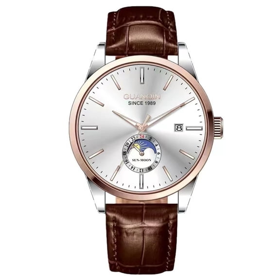 GUANQIN Men Calendar Moon Phase Multifunctional Wristwatch Analog Automatic Self-Winding Mechanical Stylish Wrist Watch Steel or Leather Band Sapphire Waterproof Business Clock