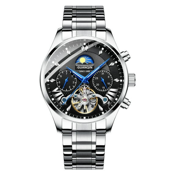 GUANQIN Men Calendar Week Analog Automatic Self Winding Mechanical Skeleton Vintage Wrist Watch with Steel Band Moon Phase Sapphire Mirror Business Clock Man Great Gift Choice for Holidays