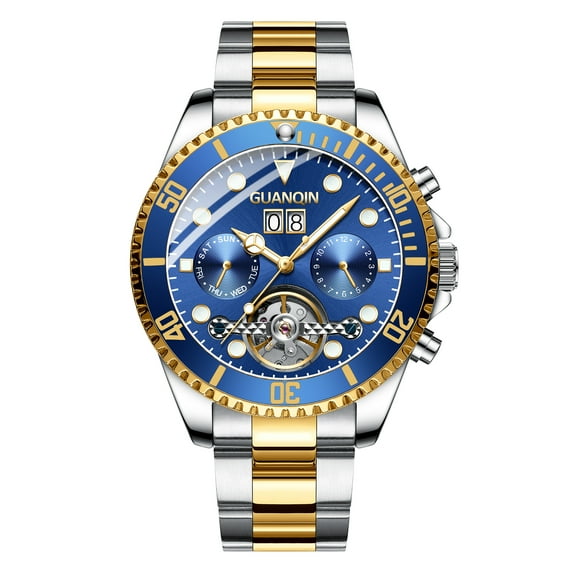 GUANQIN Men Calendar Week Month Analog Automatic Self Winding Mechanical Skeleton Vintage Wrist Watch with Steel Band Luminous Pointer Chronograph Sapphire Mirror Business Clock Man