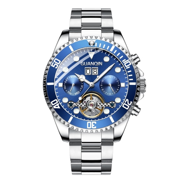 GUANQIN Men Calendar Week Month Analog Automatic Self Winding Mechanical Skeleton Vintage Wrist Watch with Steel Band Luminous Pointer Chronograph Sapphire Mirror Business Clock Man