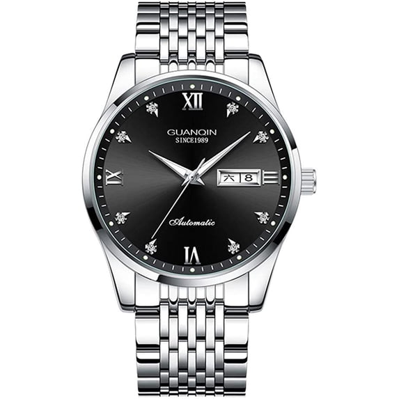 GUANQIN Men Day Date Luminous Analog Japanese Automatic Self Winding Mechanical Wrist Watch with Stainless Steel Bracelet Rhinestone Dial