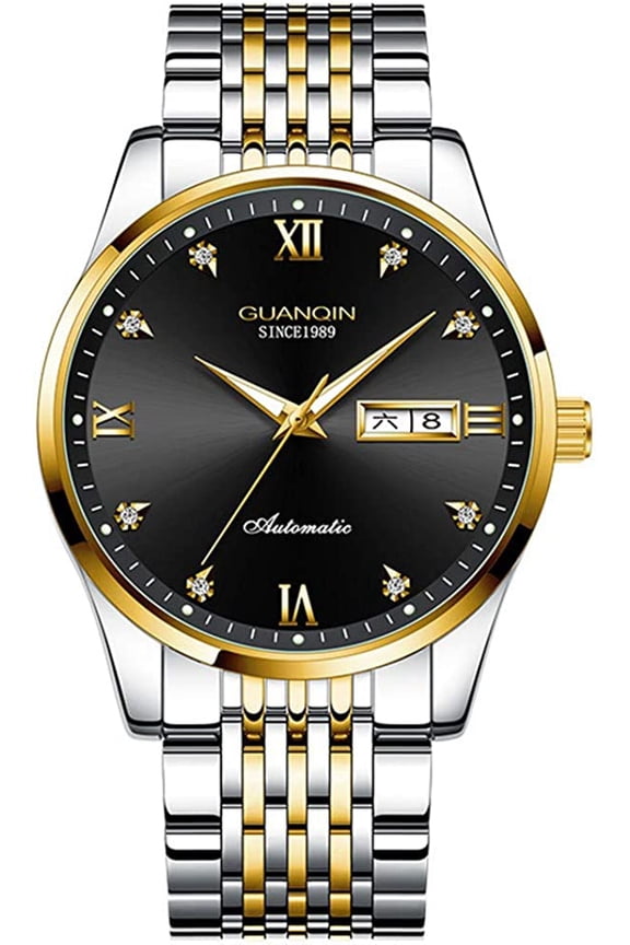 Men Day Date Luminous Analog Japanese Automatic Self Winding Mechanical Wrist Watch with Stainless Steel Bracelet Rhinestone Dial