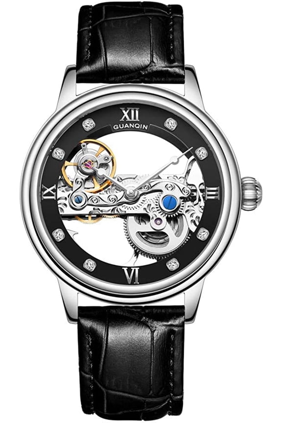 Men Luminous Skeleton Analog Automatic Self Winding Mechanical Wrist Watch with Leather Strap