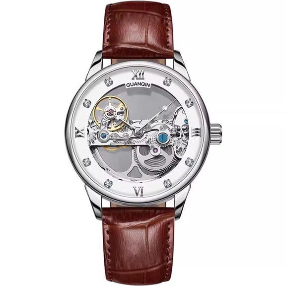 GUANQIN Men Luminous Skeleton Analog Automatic Self Winding Mechanical Wrist Watch with Leather Strap