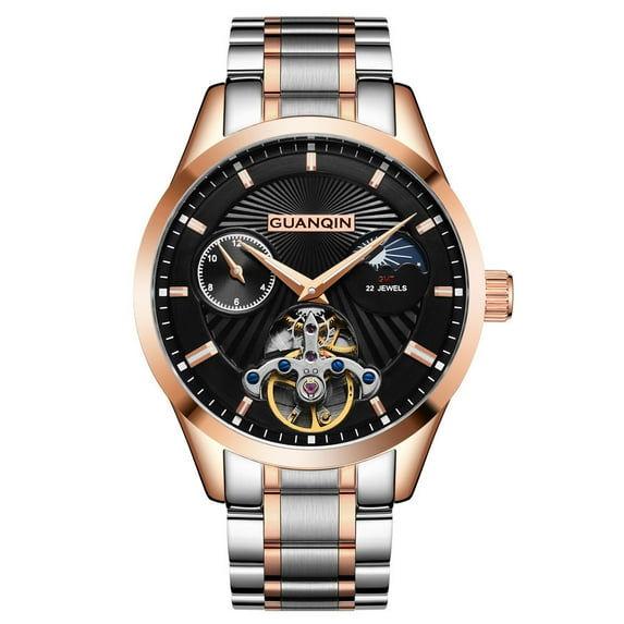 GUANQIN Men Moon Phase Skeleton GMT Luminous Analog Automatic Self Winding Mechanical Vintage Wrist Watch with Stainless Steel or Leather Bracelet Sapphire Mirror Business Clock Man
